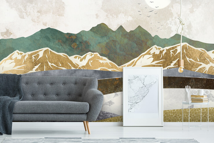 brown, golden ochre, white and teal abstract mountains wallpaper in lounge with grey sofa 