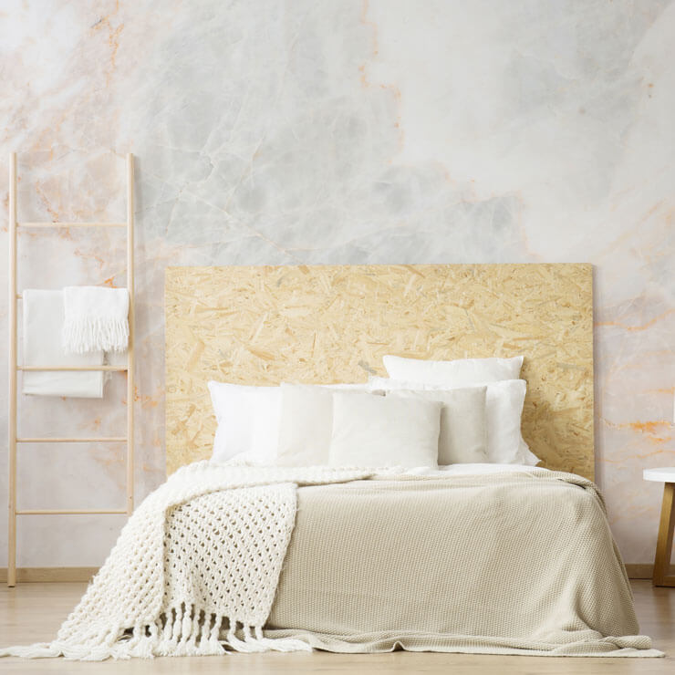 off-white and peach marble wallpaper in minimalist bedroom