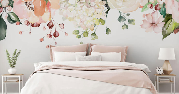 blush and green hanging flowers wallpaper in white and pink bedroom