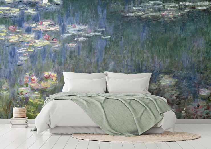 waterlillies painting by Monet in bedroom with white and green bedding