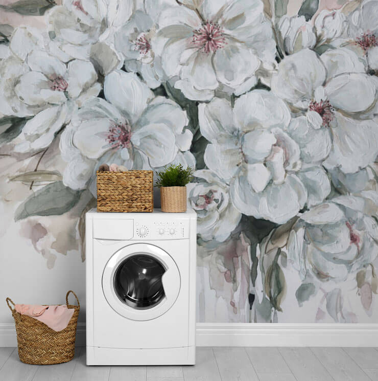 off-white, pink and grey floral painting wallpaper in laundry room