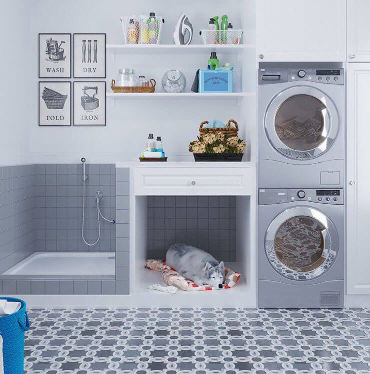 trendy grey laundry room with dog shower and dog bed