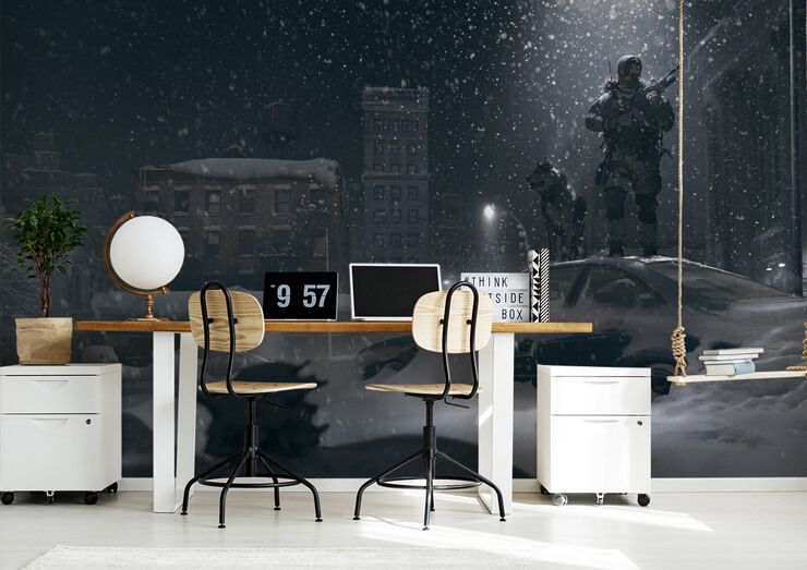 gaming scene of soldiers in snowy city wallpaper in trendy home office