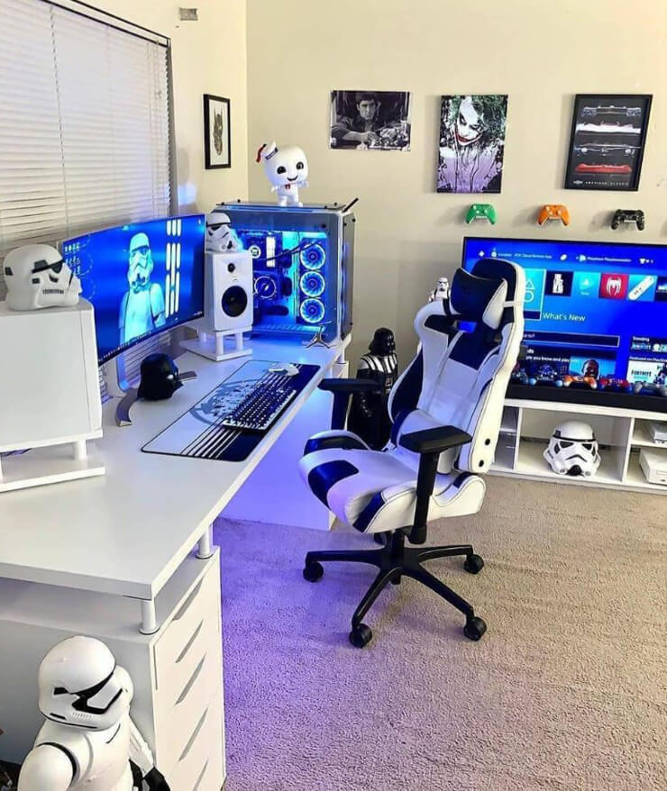 white storm trooper themed gaming room