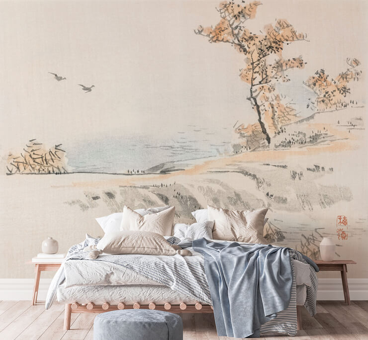very simple japanese painting of a countryside wallpaper in bedroom with wooden bed and white bedding