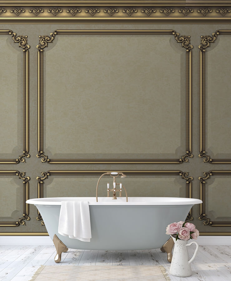 regal wood panels with gold colours wallpaper in luxurious bathroom with grey bath with gold legs