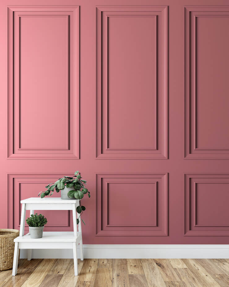 3D effect pink panel wallpaper with small white ladders with plant on