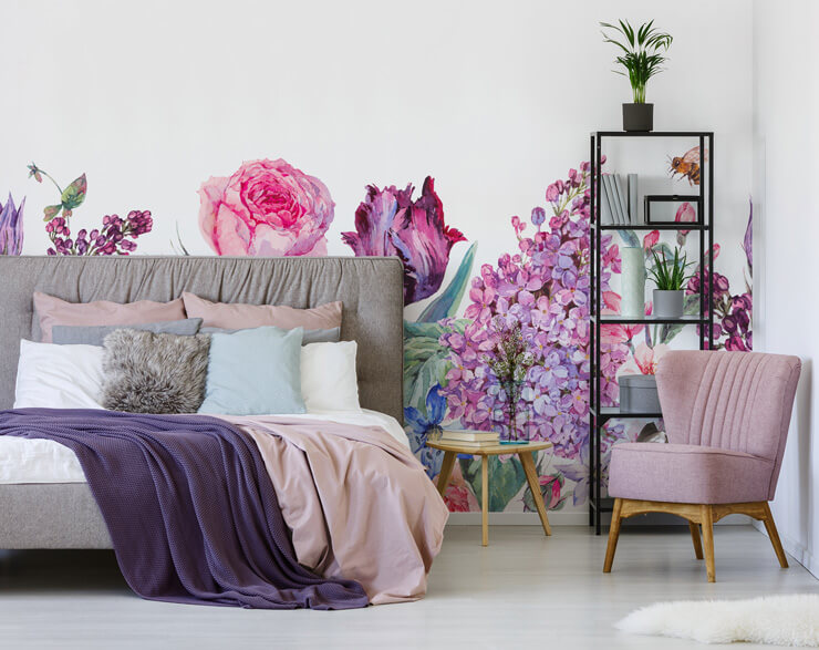 lilac and pink floral wallpaper in bedroom with grey and pink accessories