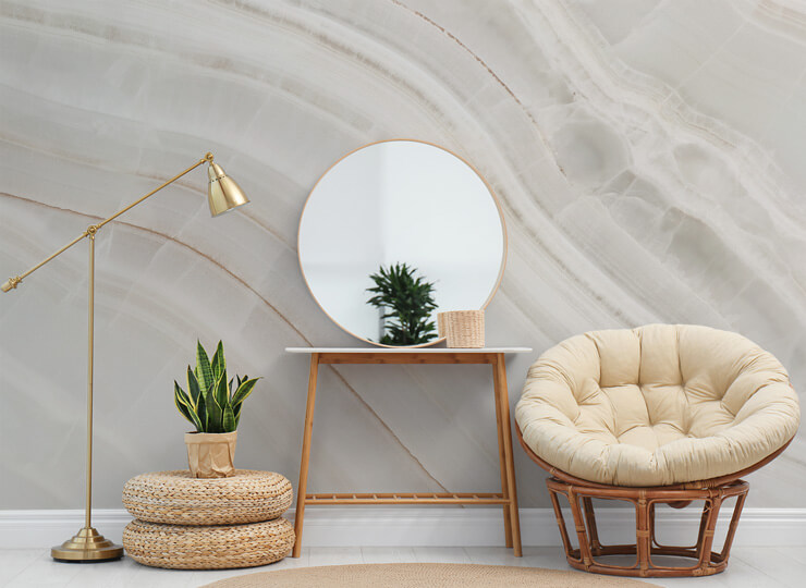 off white lined marble wallpaper in room with wicker baskets, cold lamp and bamboo chair