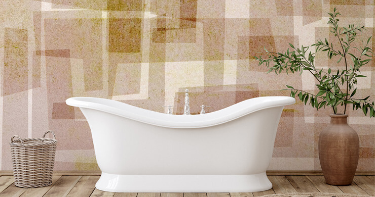 natural beige and brown rectangle pattern wallpaper in bathroom with free standing white tub