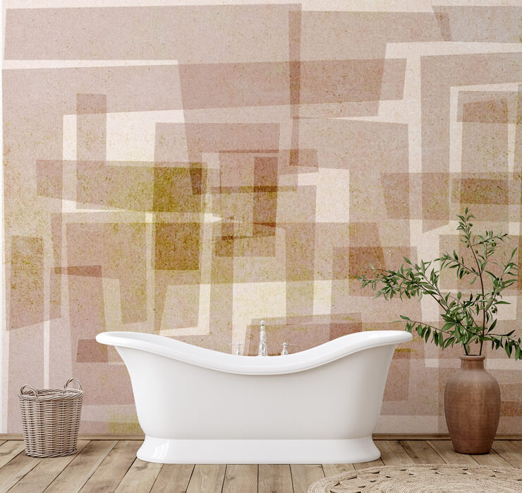 beige and brown rectangle pattern wallpaper in bathroom with white free standing tub, clay pot with green plant in