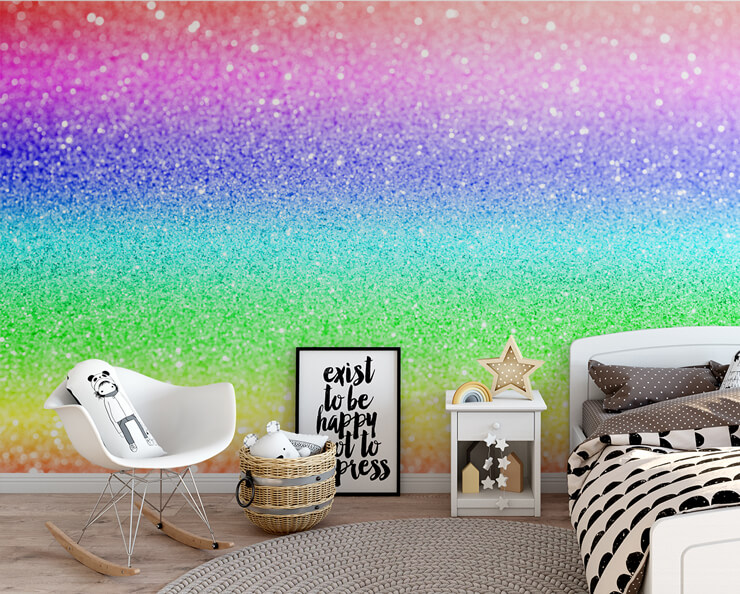 rainbow glitter image wallpaper in child's black and white bedroom