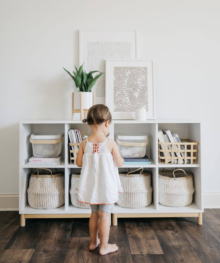 white unit with baskets storage for home classroom