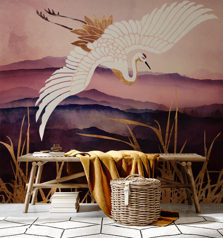 purple, gold and white bird statement wallpaper in room with cool wooden bench and mustard throw