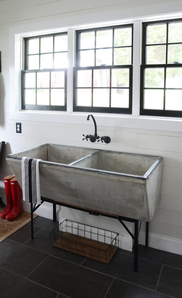 black and white room with old fashioned tin sink