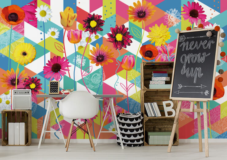 very colorful pattern and flower wallpaper in childrens study room