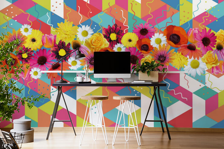 colourful pattern and flower wallpaper in home office