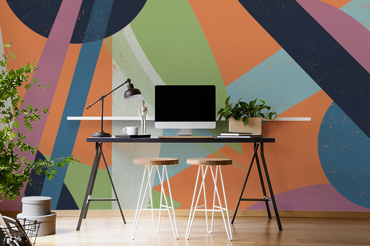 orange, green, purple. pink and blue abstract shape wallpaper in simple home office