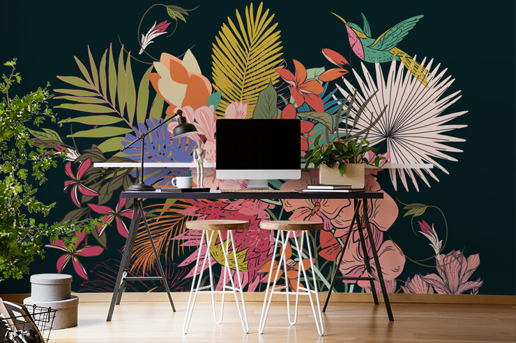 colourful tropical floral design on dark background wallpaper in trendy home office
