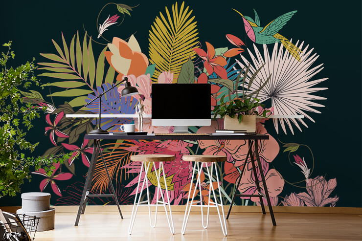 colorful tropical floral design on dark background wallpaper in trendy home office