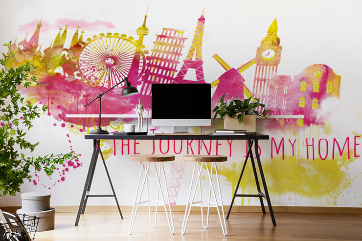 pink and yellow abstract painting of London with quote wallpaper in home office