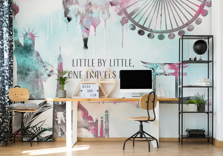 pink and light blue watercolour of famous landmarks with quotes wall mural in home office