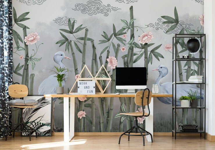 illustrated bamboo and pink florals with grey birds wallpaper in home office