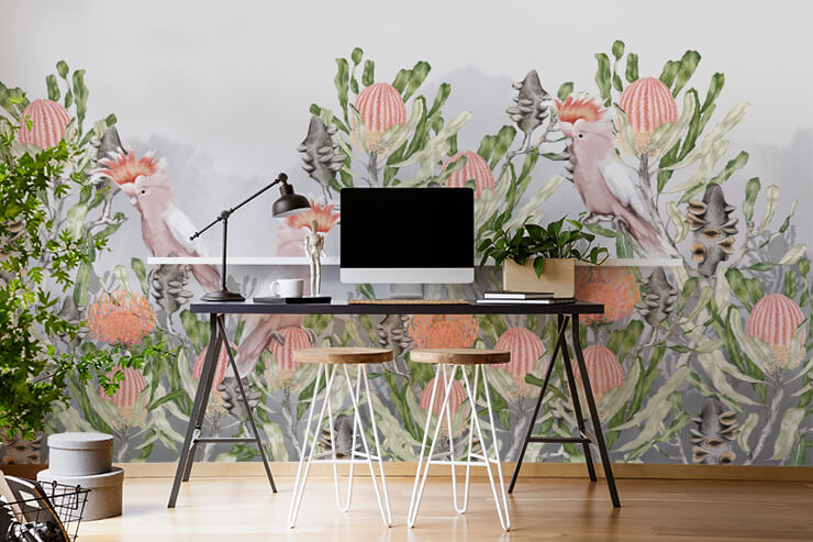 orange cockatoo birds amongst prickly cactus wallpaper in trendy home office