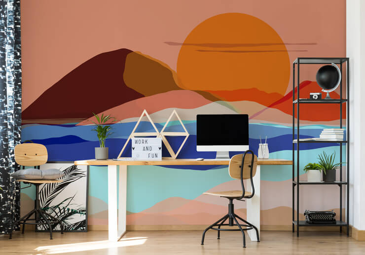 orange, peach and blue abstract desert landscape wall mural in home office