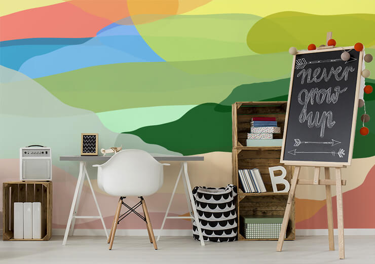 green, terracotta and blue abstract landscape wallpaper in large home office/home school