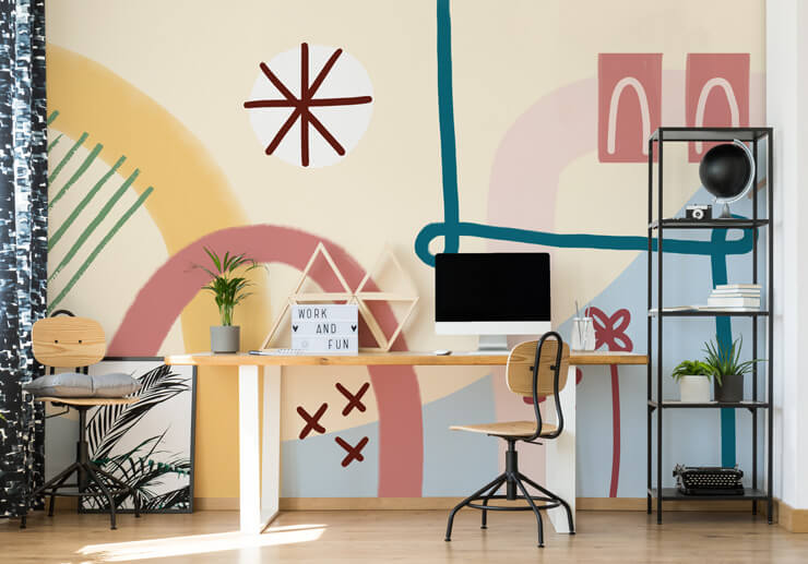 pink, blue and orange line art wallpaper in cool home office