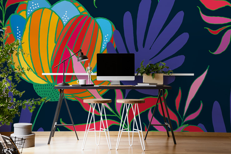 bold and bright flowers on dark background wallpaper in home office