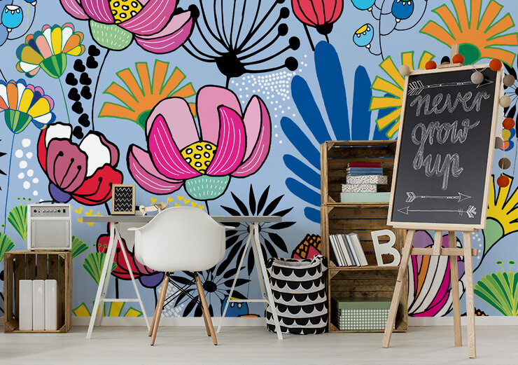 very bold and colourful flower design wallpaper in home office