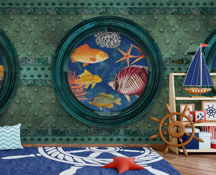 realistic submarine window fish wallpaper in sailor themed childs bedroom