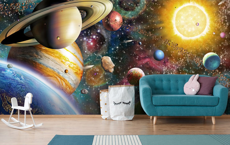 realistic space and planet wallpaper in cute child's living room