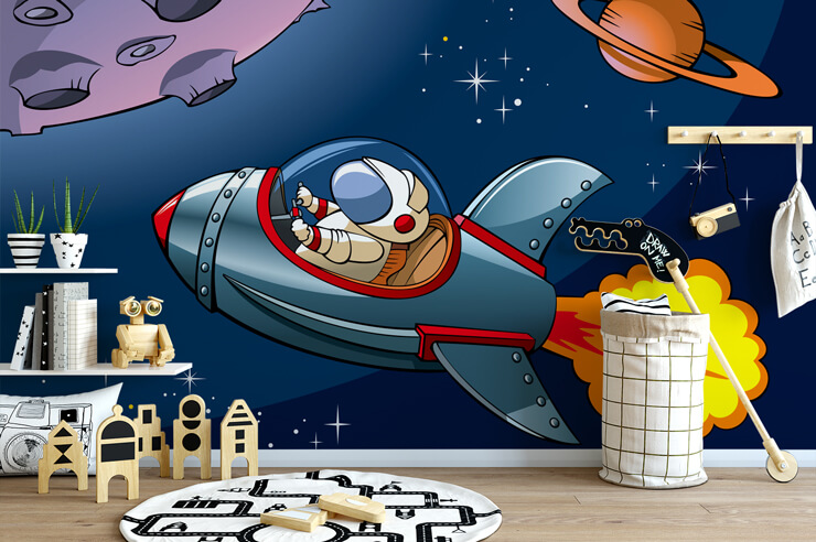 cartoon of astronaut in rocket wallpaper in modern child's playroom