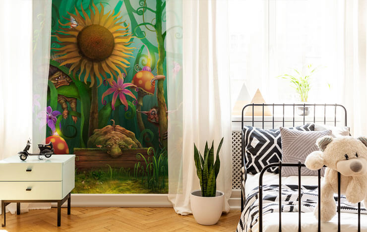 fantasy elf forest wallpaper in child's black and white bedroom