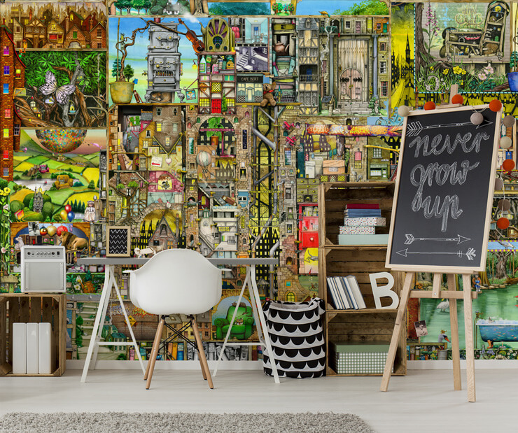 colourful and detailed fantasy town wall mural in child's study room