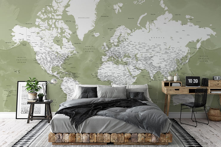 green and off-white world map wallpaper in grey bedroom