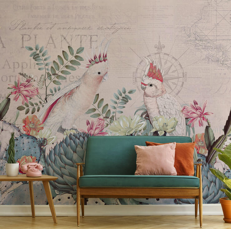 pink and white cockatoos wallpaper in lounge with teal and orange couch