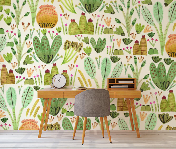 home office with watercolor paintings of cactus wallpaper