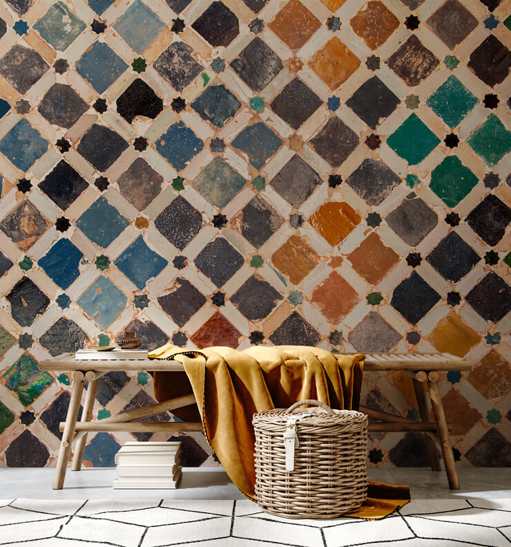 rustic, antique diamond tiles in room with wooden bench and woven basket