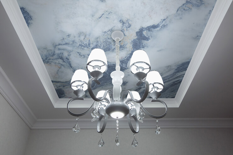 blue and white marble effect wallpaper on ceiling