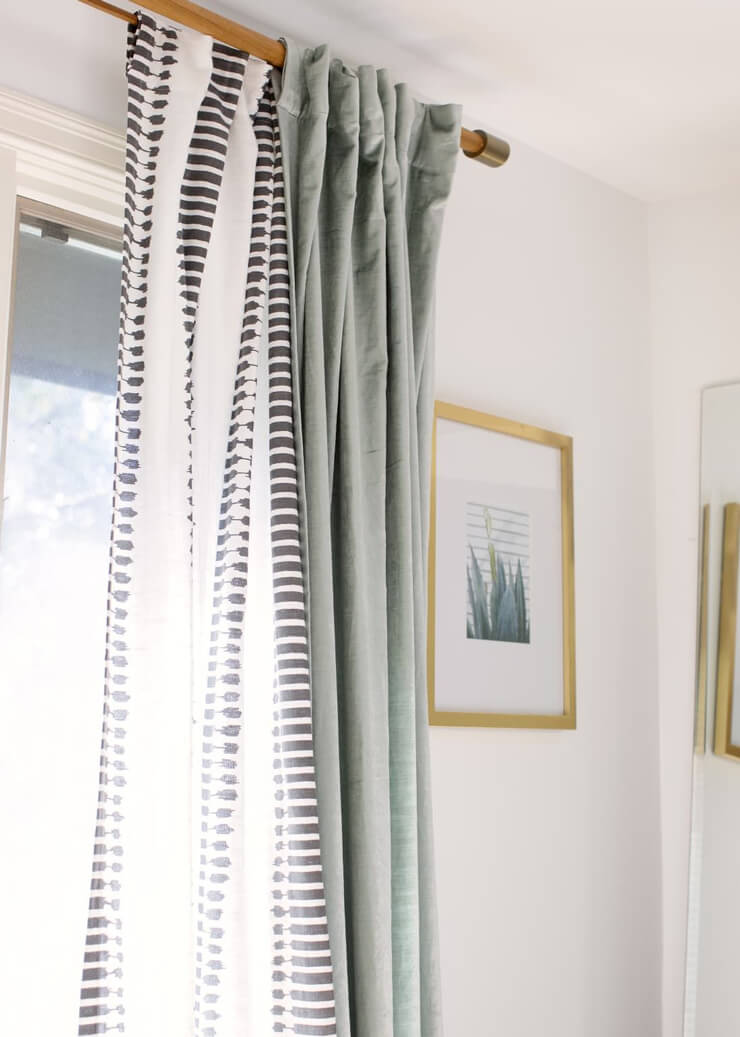 layered sage green and black and white tribal curtains