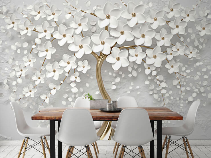 textured decor effect gold and white tree wall mural in dining room