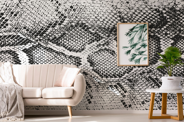 monochrome snake skin effect wall mural in pink lounge