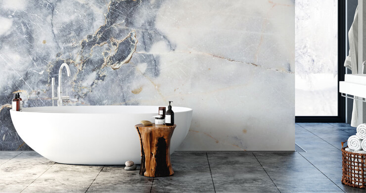 blue and white marble effect wallpaper in minimalist bathroom