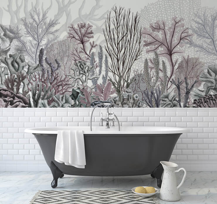 vintage illustration of purple and blue coral in white and grey minimalist bathroom design