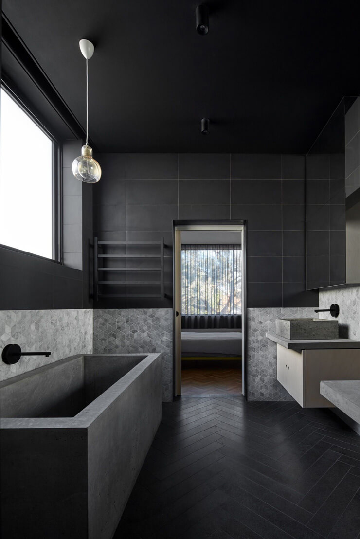 dark grey and black minimalist bathroom design