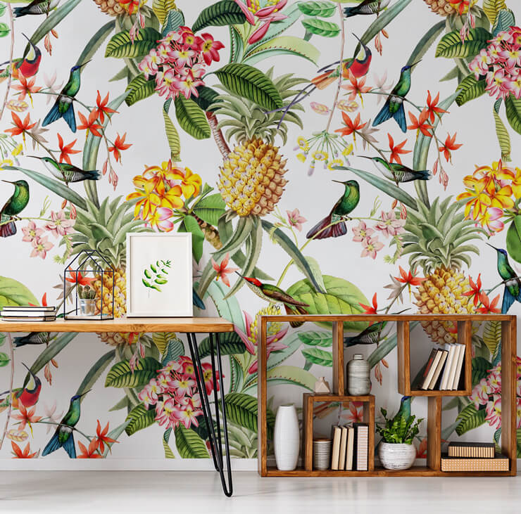 pineapple, tropical flowers and birds wall mural in home office with box shelves